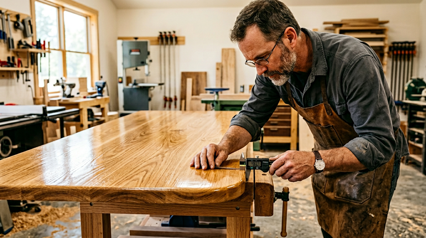 Stolarz kontrolujący jakość blatu dębowego